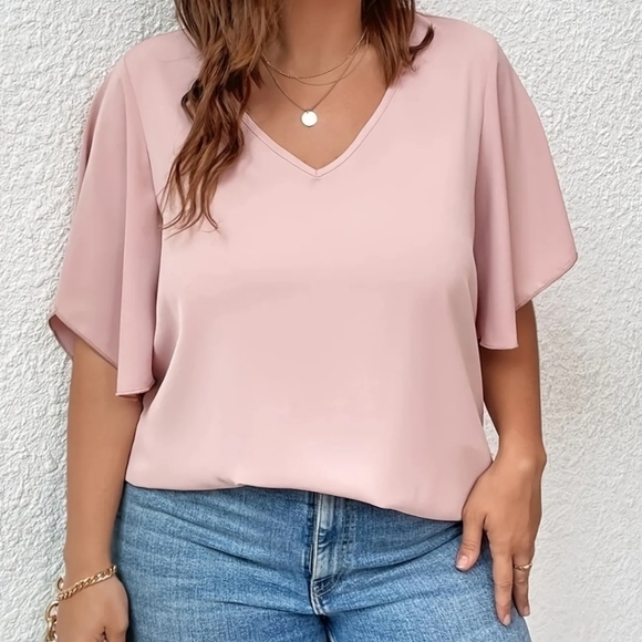 V Neck Flutter Sleeve Blouse Angelcore Pink - Picture 3 of 3